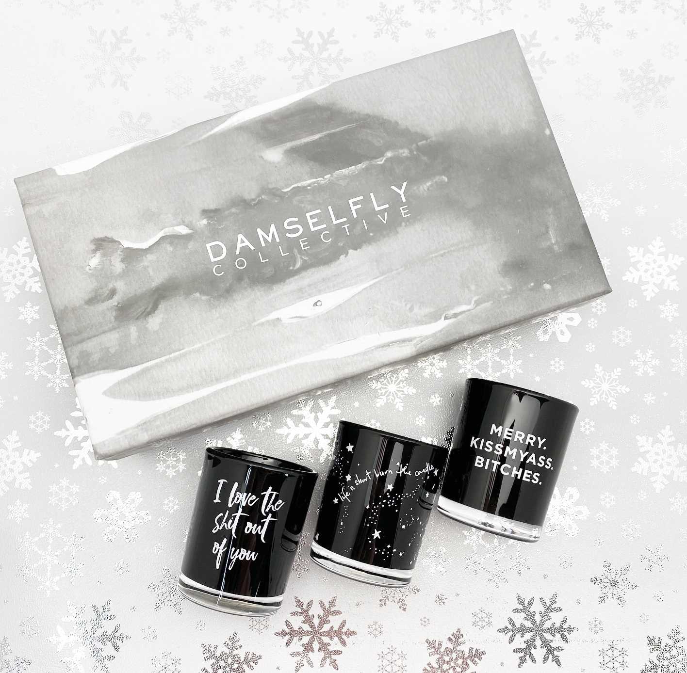 DAMSELFLY- "Merry Kiss my ass Bitches" Australia natural made, "Naughty" aromas candles Christmas box set