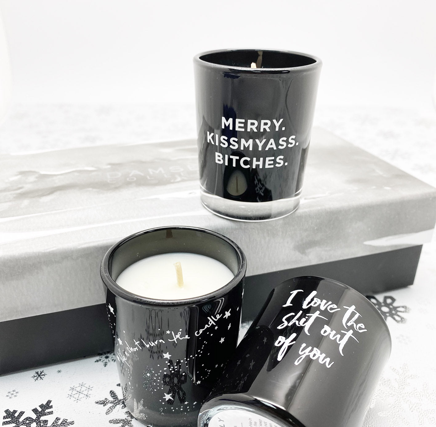 DAMSELFLY- "Merry Kiss my ass Bitches" Australia natural made, "Naughty" aromas candles Christmas box set