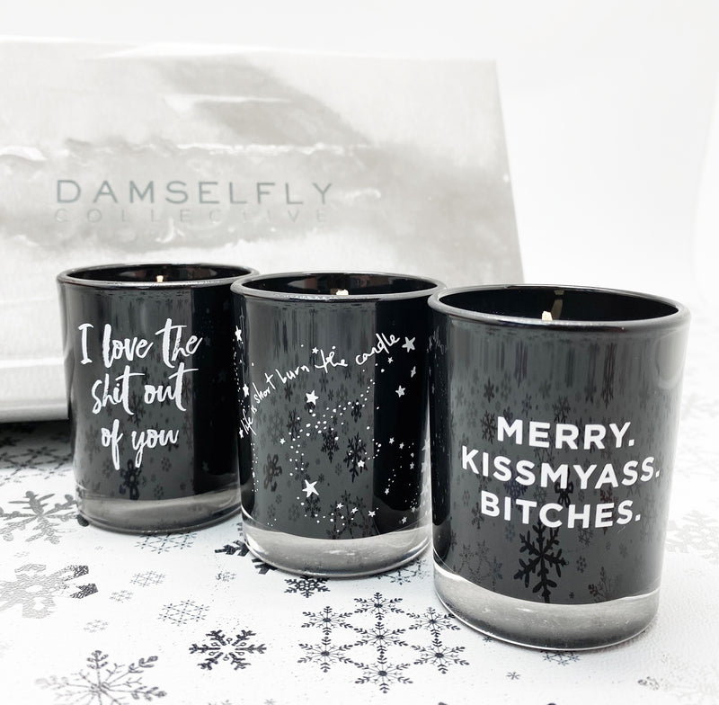 DAMSELFLY- "Merry Kiss my ass Bitches" Australia natural made, "Naughty" aromas candles Christmas box set